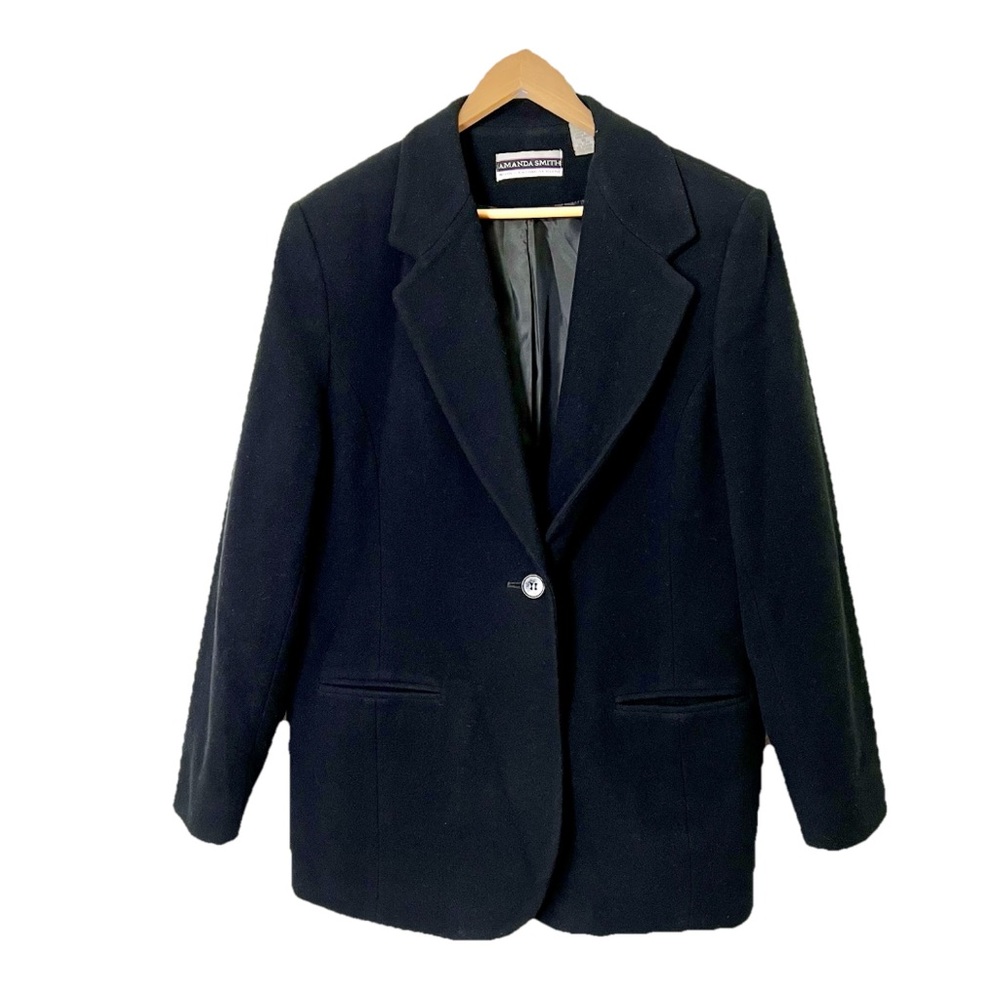 Amanda Smith Black Wool Cashmere Blend Single Button Blazer Womens Size 16 VTG